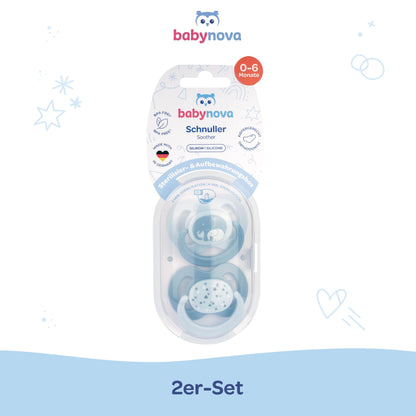 babynova Silikon Schnuller 2er-Set mit Sterilisationsbox - Schnuller Größe 1, 0-6 Monate - kiefergerechter Nuckel – BPA-frei – Made in Germany - Elefanten