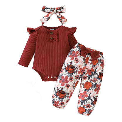 LUVCES Newborn Baby Girl Clothing Toddler Ribbed Ruffle Long Sleeve Romper + Floral Pants + Headband Cute Fall Outfit Set