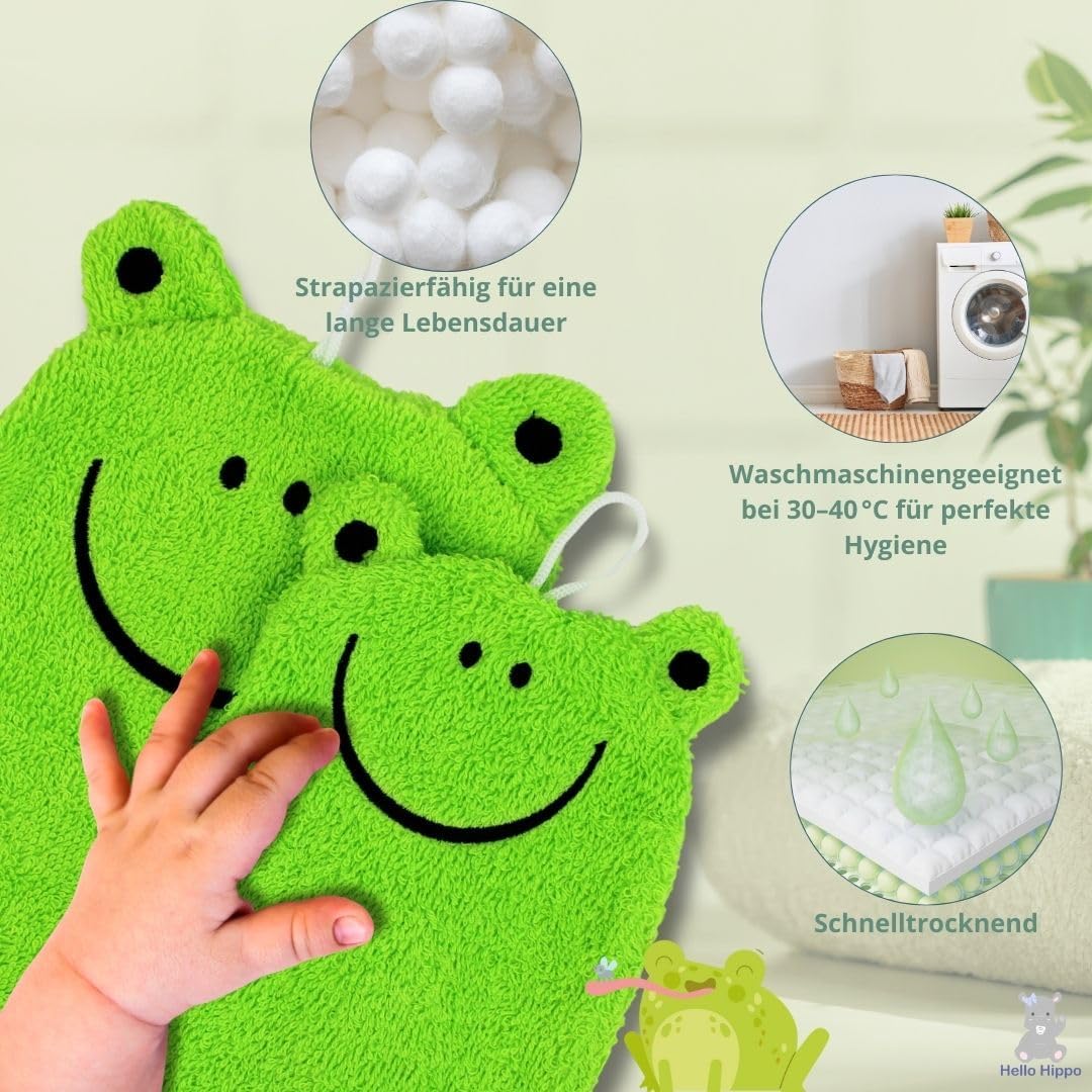 Hello Hippo® 6er-Set Baby Waschlappen – 3 für Eltern & 3 für Kinder – Waschhandschuhe aus Baumwolle – Tiermotive: Frosch, Küken, Tiger – Waschbare Kinderwaschlappen