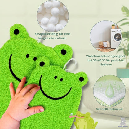 Hello Hippo® 6er-Set Baby Waschlappen – 3 für Eltern & 3 für Kinder – Waschhandschuhe aus Baumwolle – Tiermotive: Frosch, Küken, Tiger – Waschbare Kinderwaschlappen