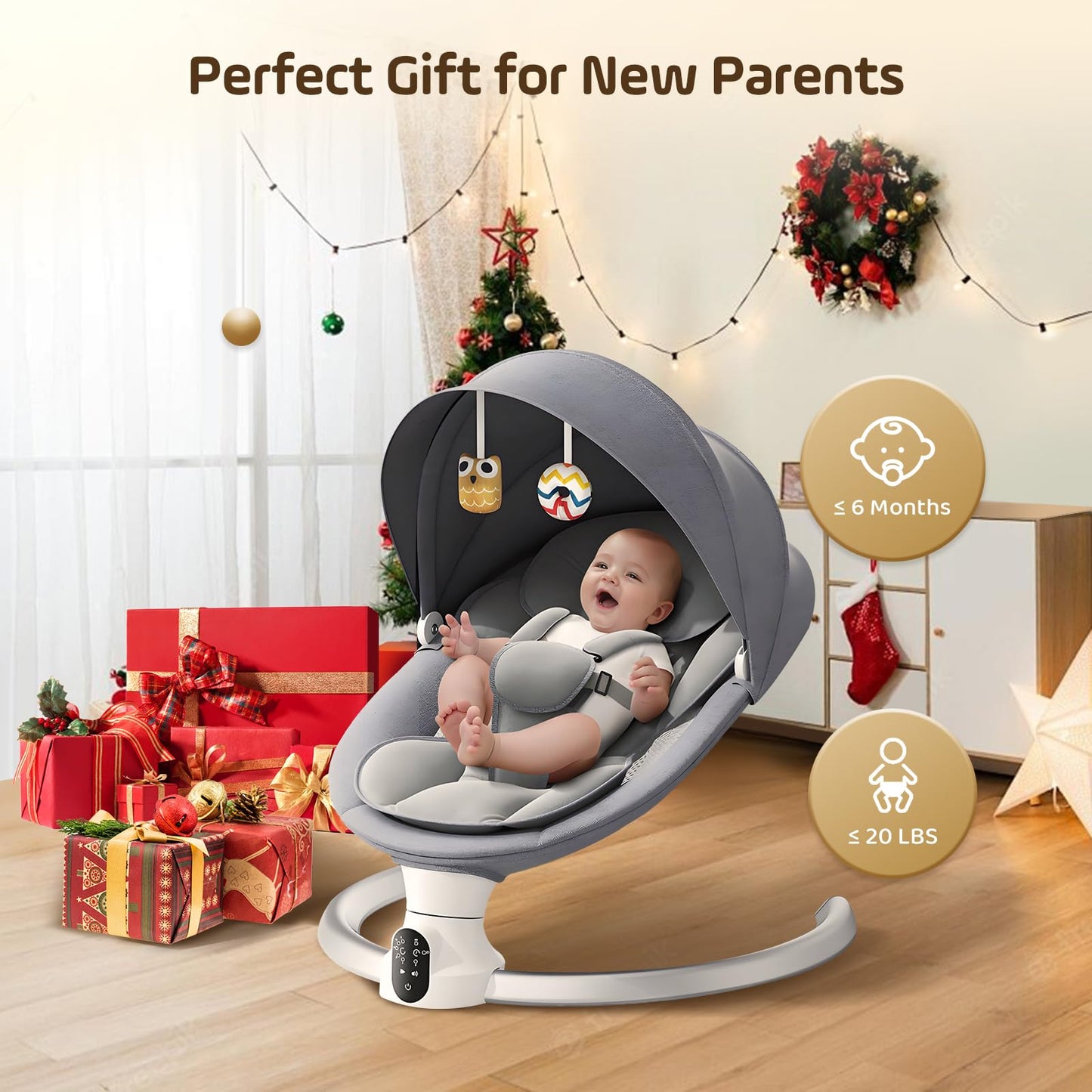 Hlieeosfcn Babywippe für Kinder,Babywippe Elektrisch mit 5 Natürlichen Schaukelgeschwindigkeiten,Elektrische Babyschaukel mit Musik, Nutzbar ab der Geburt bis ca. 6 Monaten,Fernbedienung,Grau
