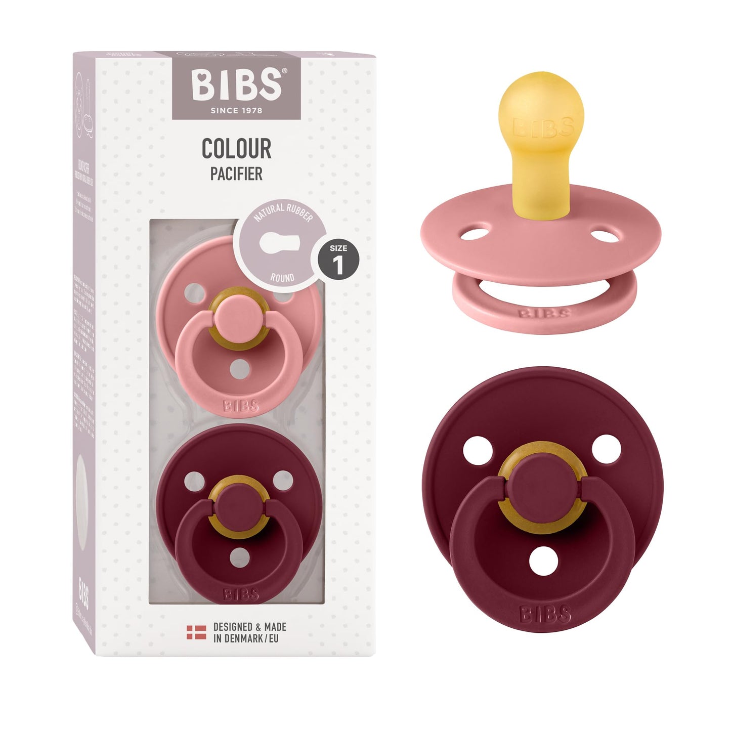 BIBS Colour Schnuller 2er-Pack, BPA-frei, Kirschform Nippel. Naturkautschuk/Latex, Hergestellt in Dänemark. Größe 2 | 6+ Monate | 2-Pack, Coral/Ruby