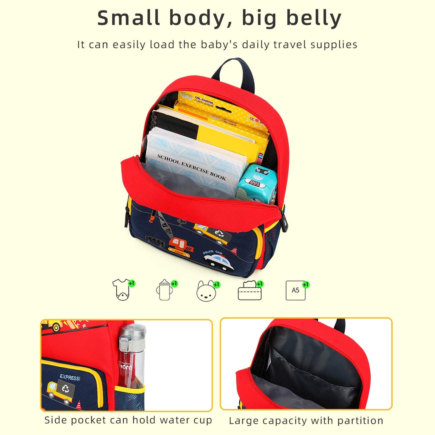 willikiva Car Dinosaur Toddler Kids Backpack for Boys and Girls Kids Waterproof Preschool Bag