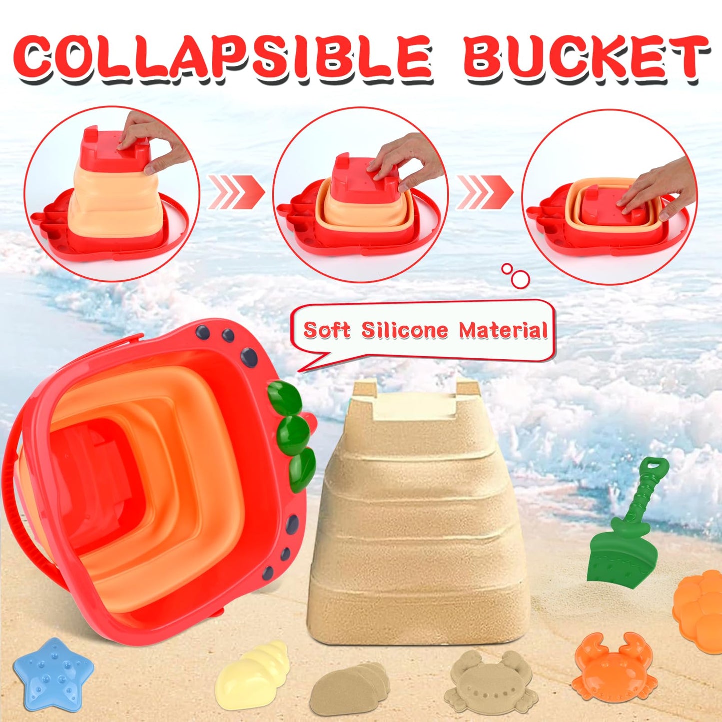 Euakee Sand Toy for Children, 11 Pieces Sand Toys with Foldable Bucket, Sanity Toy Set, Sand Toy Beach, Sandpit Toy for Children 3 4 5 6 7 Years (Orange)