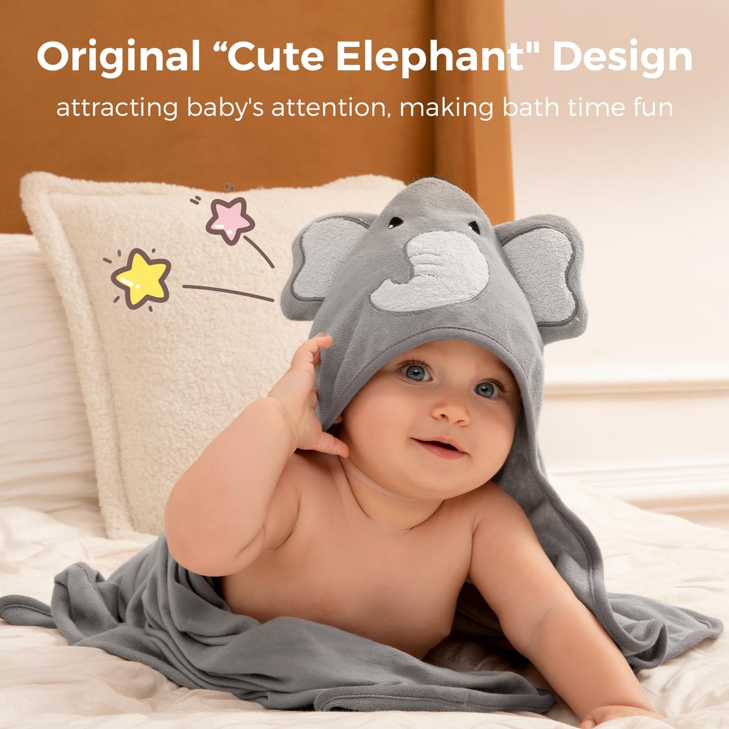 Momcozy Bambus Baby Badetücher Set 5er Pack, Babyhandtuch mit Kapuze , Waschlappen 3 Stück, Baby Bad Handschuh 1 Stück, Extrem Weich, Atmungsaktiv, Geeignet für Mädchen und Jungen