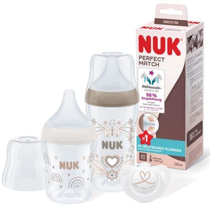 NUK Perfect Match Perfect Start Babyflaschenset | Ab 0 Monate | Passt sich dem Baby an | 4 Anti-Colic-Babyflaschen, Schnuller, Flaschenbürste und mehr | BPA-frei | 7 Stück