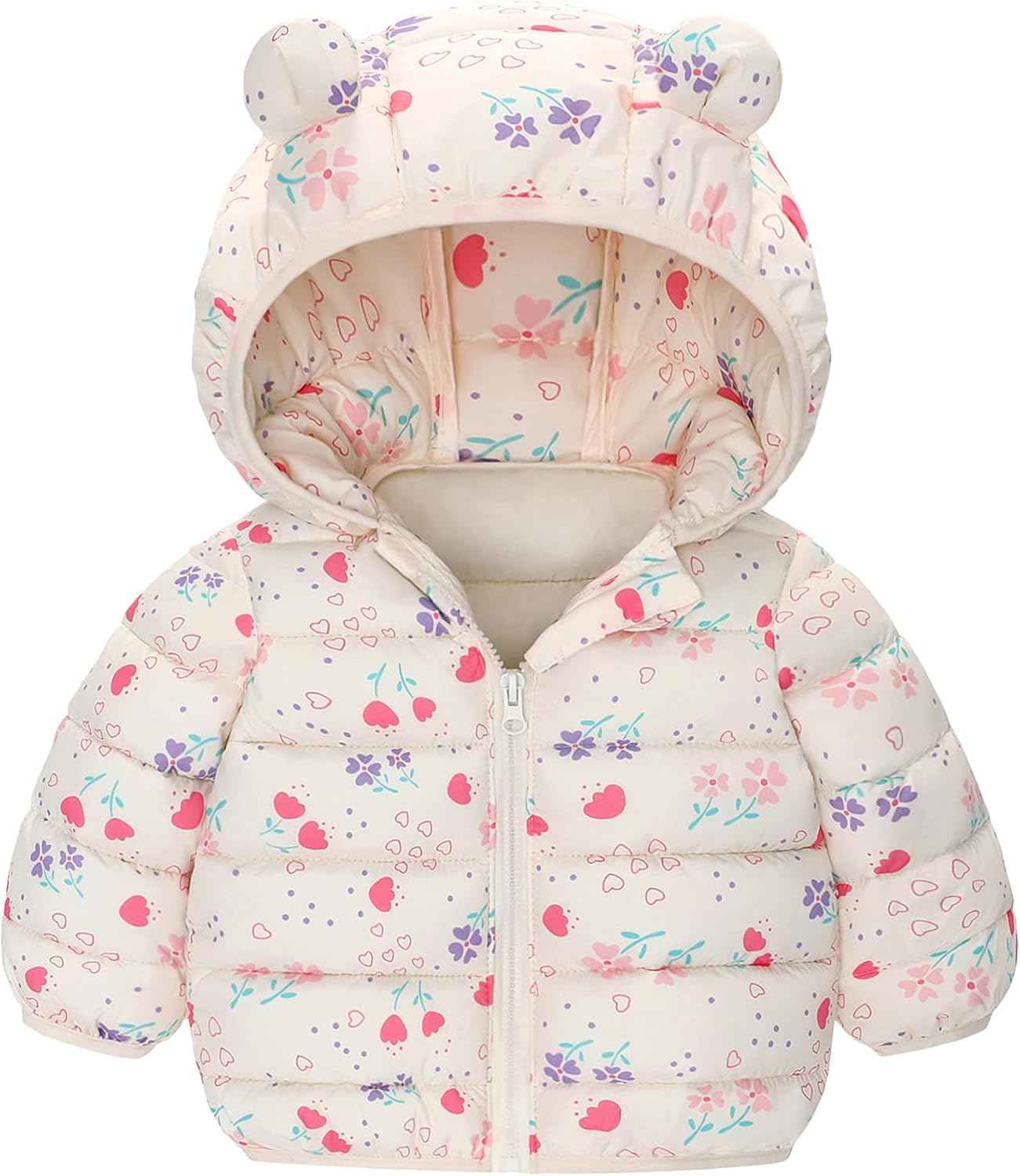 Happy Cherry Winter Jacket Baby Boys Girls Winter Coat with Hood Quilted Jacket Warm Lightweight Down Jacket Winter Cute Printed Outerwear