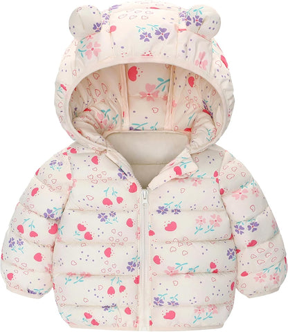Happy Cherry Winter Jacket Baby Boys Girls Winter Coat with Hood Quilted Jacket Warm Lightweight Down Jacket Winter Cute Printed Outerwear 