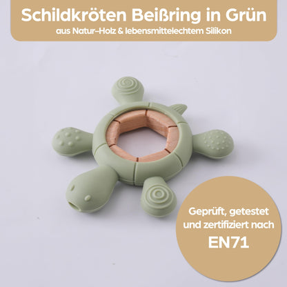 Schildkröte Beißring für Baby Natur Holz & Silikon Blau - Kauspielzeug, Zahnen-Hilfe & Greifling - Babyspielzeug Beissring Geschenk zur Geburt - Holz-Spielzeug nachhaltig, BPA-frei schadstofffrei