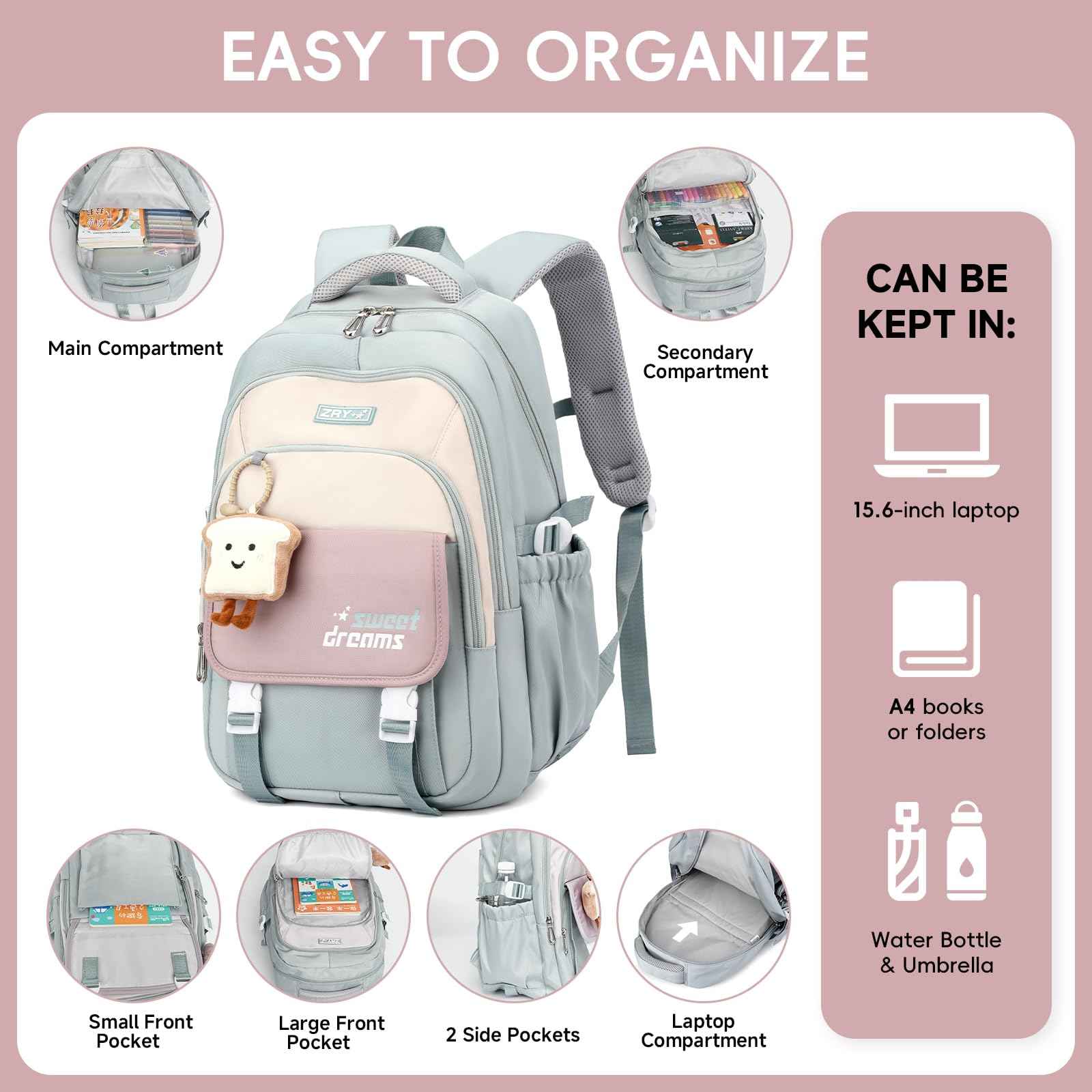 School Backpack Teenager - 36L School Bag for Girls from 5th Grade, Large Backpack for Middle and High School, Casual Children's Backpack with Cute Pendant and Trolley Strap, black, Rucksack