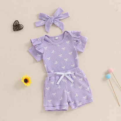 3tlg Baby Mädchen Sommer Kleidung Set Rüschen Kurzarm Strampler + Rüschen Shorts + Stirnband Babyset Weiche Neugeborene Ausgehen Outfit