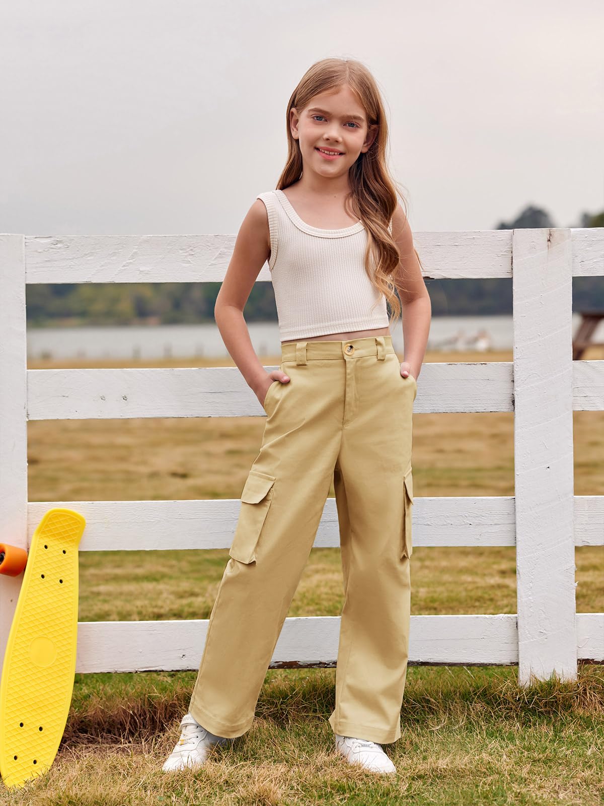 Haloumoning Mädchen Cargohose Baumwoll Y2K Baggy Cargo Hose Kinder Straight Leg Hohe Taille Jogginghose Casual Outdoorhose mit Elastische Taille und Taschen