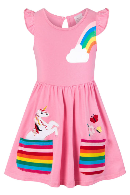 SFreeBo Girls Dresses Unicorn Rainbow Dress Kids Girls Gift Cotton Colourful Dresses for Girls 104 110 116 122 128