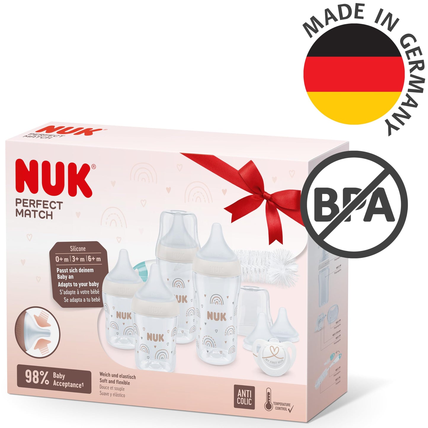 NUK Perfect Match Perfect Start Babyflaschenset | Ab 0 Monate | Passt sich dem Baby an | 4 Anti-Kolik-Babyflaschen, Schnuller, Flaschenbürste und mehr | BPA-frei | 9 Stück