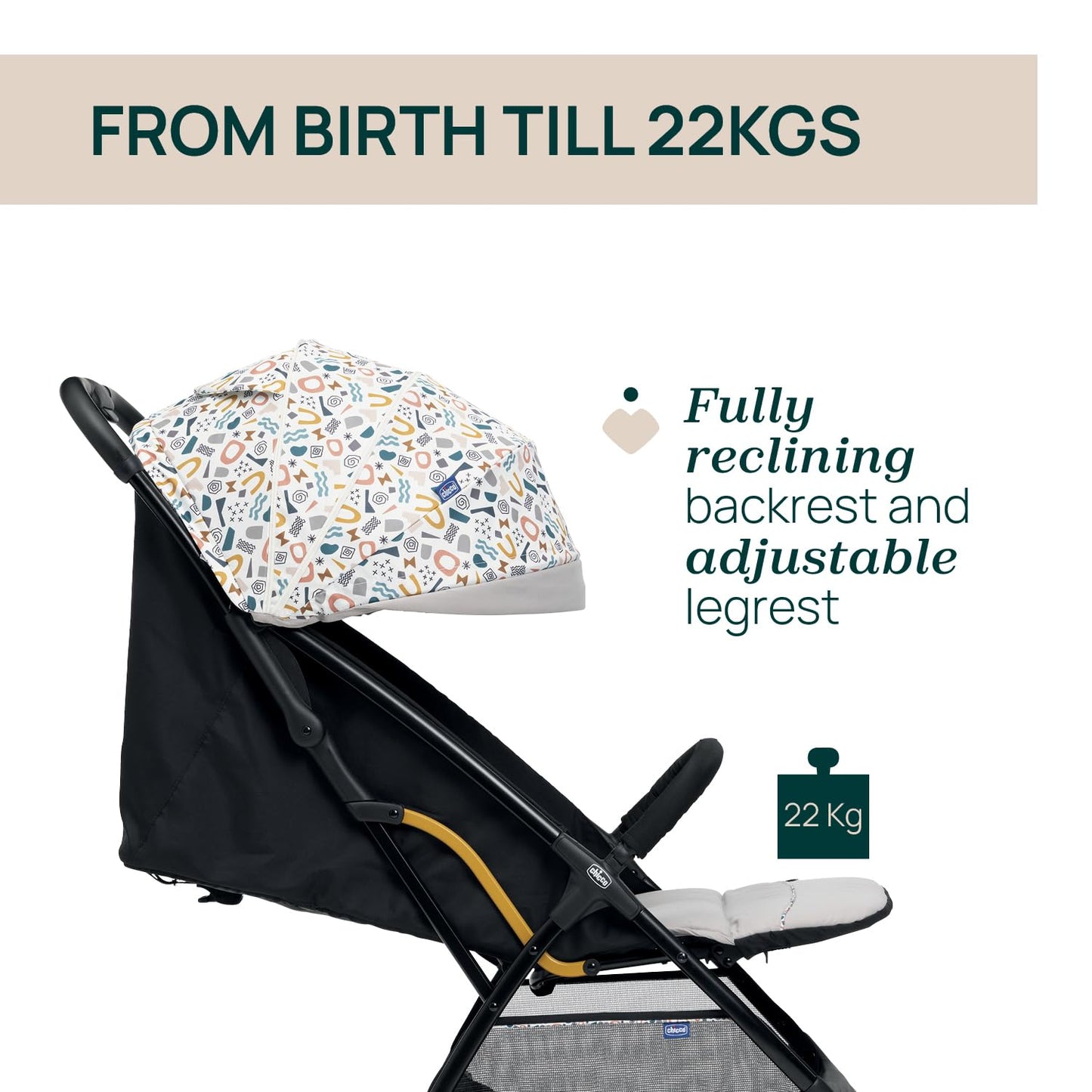 Chicco, Glee Pushchair from 0 Months to 4 Years with Automatic and Compact Closure, Extendable Hood with SPF 50+ and Rain Cover, 3-Level Adjustable Backrest, Leg Rest