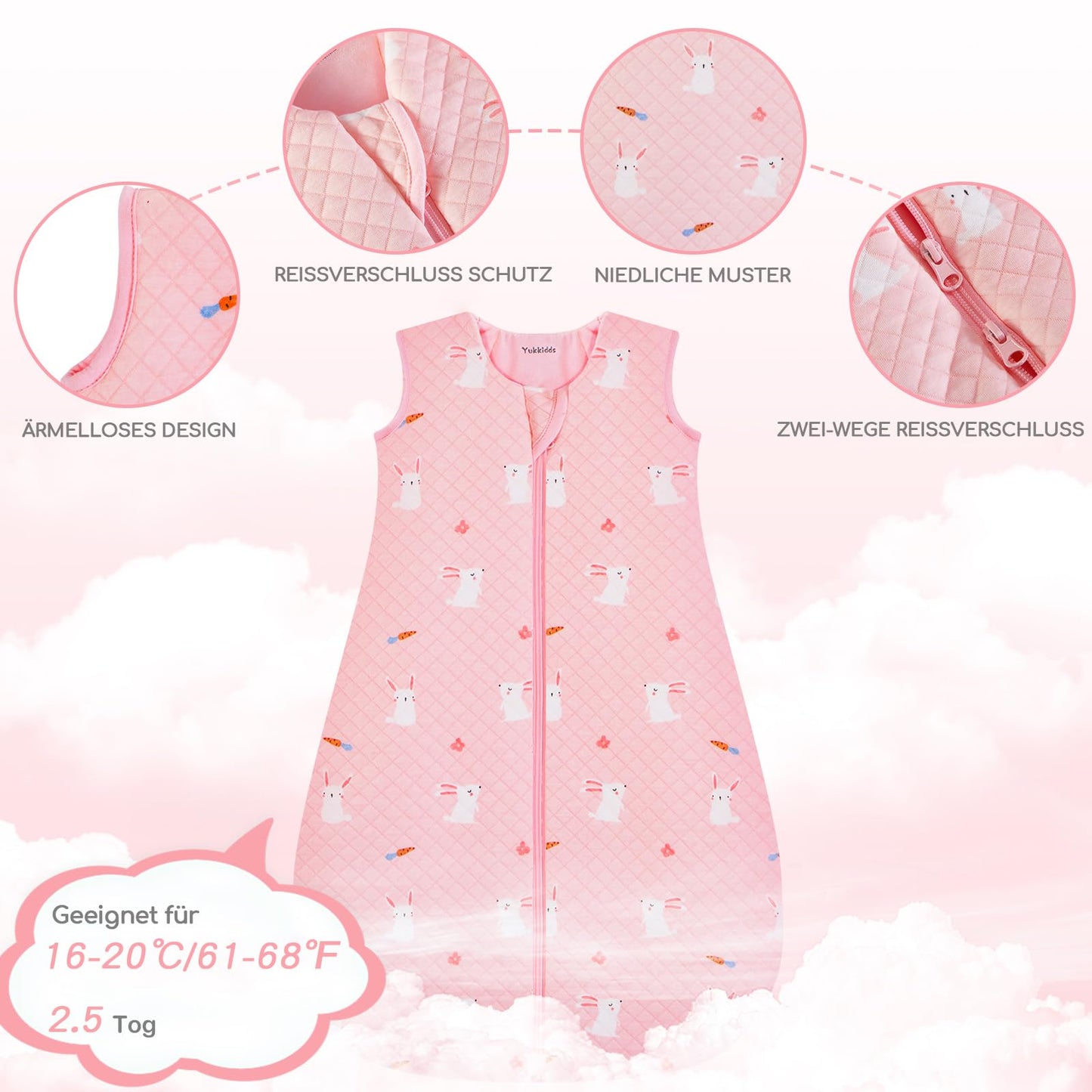 Yukkidds Baby Summer Sleeping Bag, 100% Cotton, 0.5 Tog, beige elephant, 0 - 6 months