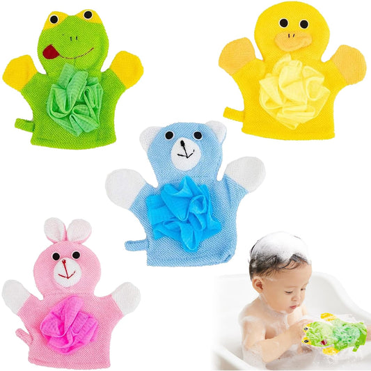 Wash Mitt with Animal Motif, Pack of 4 Wash Cloths Baby, Baby Bath Gloves, Baby Wash Cloths with Animal Motif, Baby Wash Cloth, Cartoon Baby Bath Glove, for Toddlers, Children, Bathroom, Shower