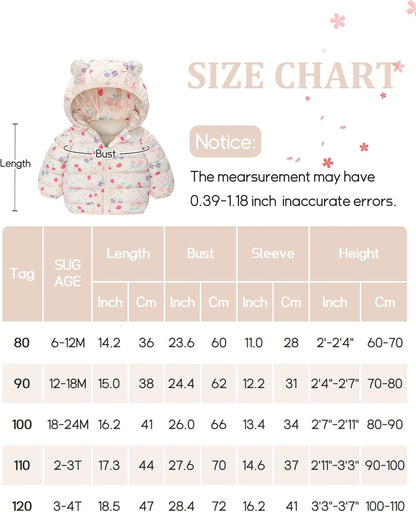 Happy Cherry Winter Jacket Baby Boys Girls Winter Coat with Hood Quilted Jacket Warm Lightweight Down Jacket Winter Cute Printed Outerwear 