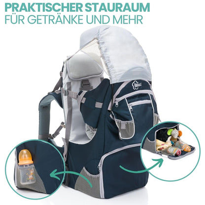 Fillikid Rückentrage - Rücken Babytrage mit Sonnenschutz, Gurt, Kinder Rucksack und Staufächern - Kraxe zum Wandern mit Baby und Kleinkind, bis 18 kg - Blau Grau