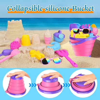 Fegalop Sand Toy Set for Girls 31 Pieces, Sandpit Toy Beach Toy with Folding Bucket, Beach Toy Children with 5 Sand Shovel, Bucket, Sand Shapes, Sunglasses, Mesh Bag for Children