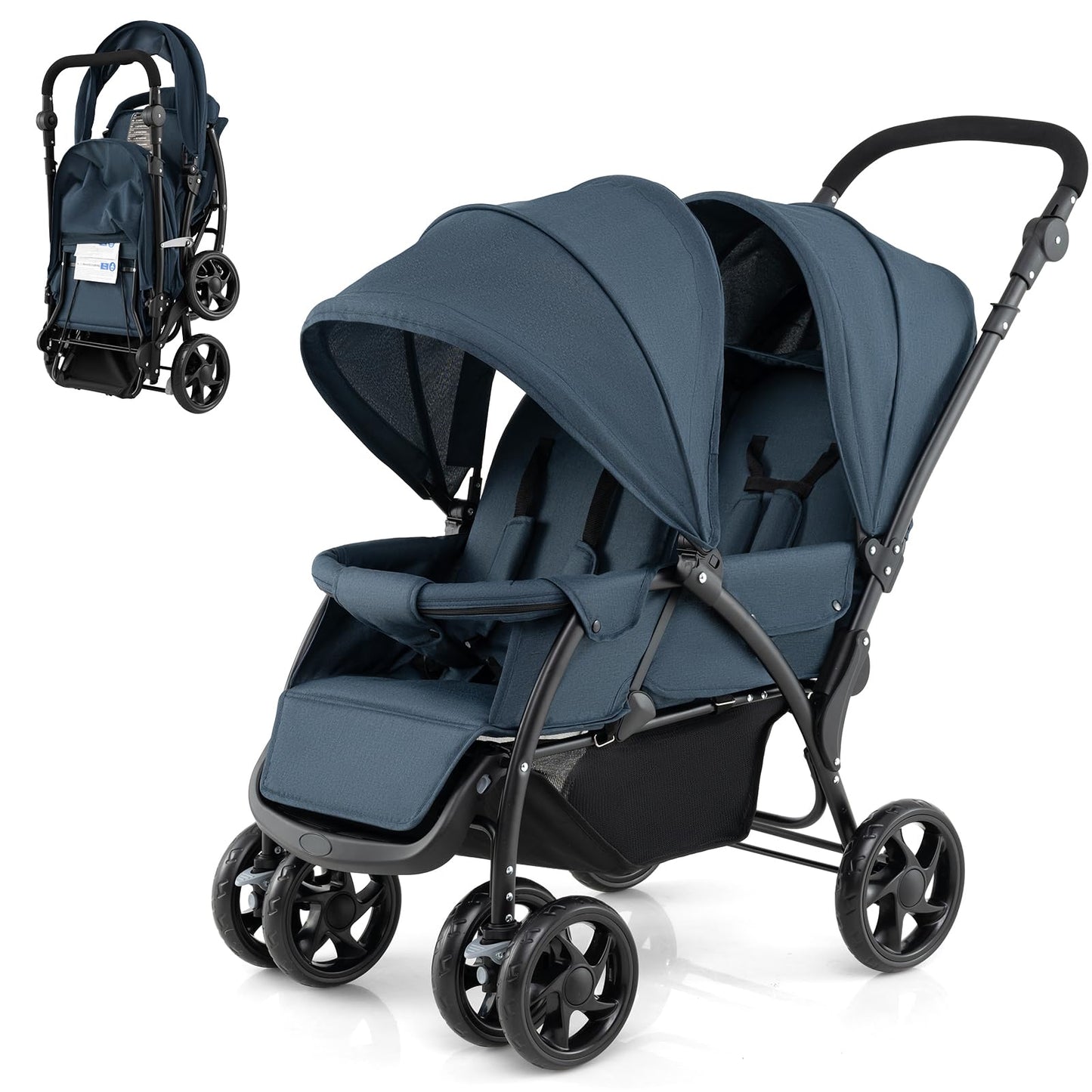 COSTWAY Folding Double Pushchair, Twin Pushchair with Adjustable Backrest and Hood, Travel Buggy with Reclining Function, Twin Buggy Pushchair for Baby from 6 Months, 30 kg Load Capacity (Grey)