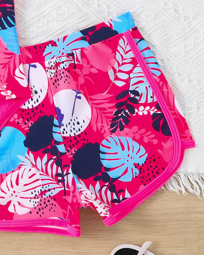 WYTbaby Badeanzug Mädche Einteiler Uv Badebekleidung ärmellose Bademode mit Shorts Tropischer Druck für Mädchen 7-14 Jahre