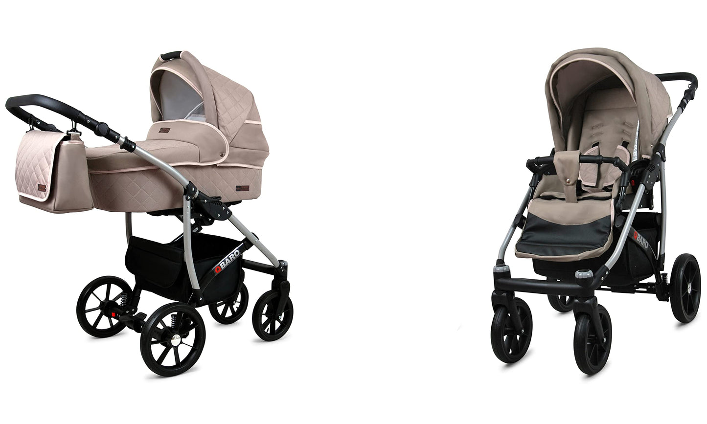 BabyLux® Bambimo Qbaro 3-in-1 Pushchair Set Including Baby Carrycot, Buggy Sports Seat, Car Seat - Car Seat - Pram Set - Combination Pram with Changing Bag, Rain Cover etc. 