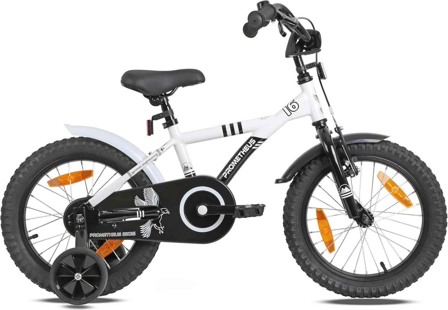 PROMETHEUS BICYCLES Kinderfahrrad 16 Zoll ab 5 Jahren - Kinder Fahrrad Mädchen Jungen Fahrrad Kinder mit Stützräder Rücktrittbremse in Weiss Schwarz - Meloni2