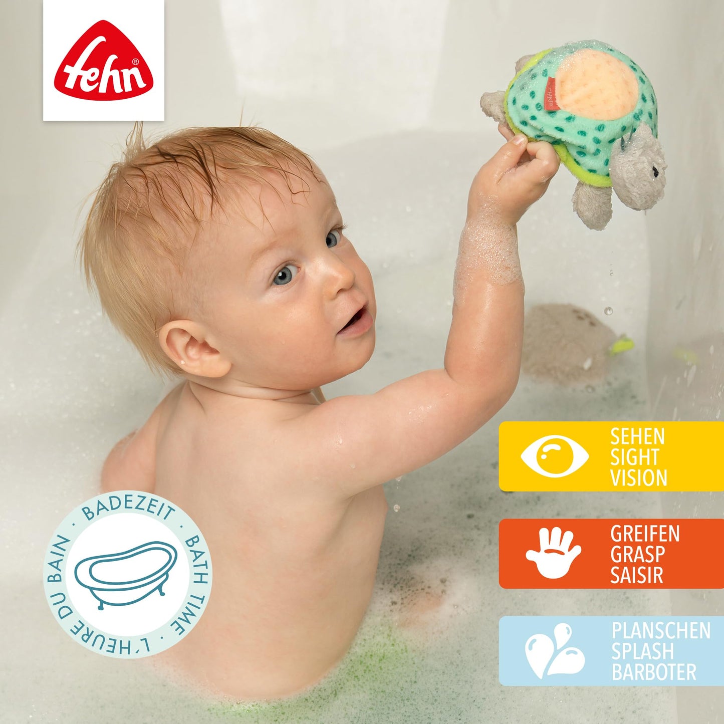 Fehn Badetier Schildkröte Badeschwamm – Kuscheltier Baby Badespielzeug für die Badewanne - Stoff Wasserspielzeug für den Badespaß – Badewannenspielzeug für Babys und Kleinkinder ab 0+ Monaten