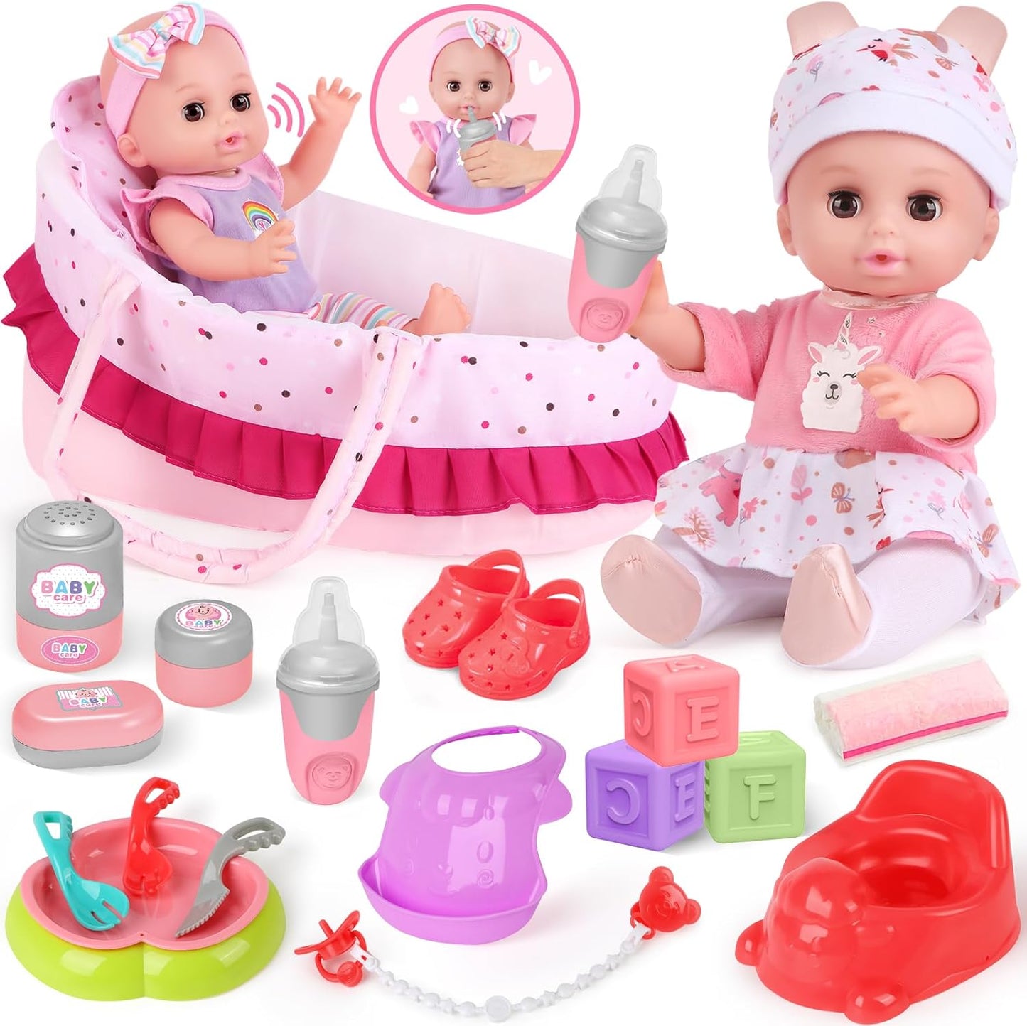 YOOHBERRYS Doll Set Children's Toy, 30 cm Baby Doll Play Set, Toy Doll Doll with Clothes and Accessories, Doll Bed, Doll Carrier, Dummy, Potty, Bottle, Christmas Birthday Gift