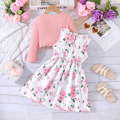 Yanmucy Kleine Mädchen Kleider mit Strickjacke Sets Baby Mädchen Kleider Kleinkind Kinder Langarm Ruffle Mantel Mädchen Kleidung für 2-8 Jahre