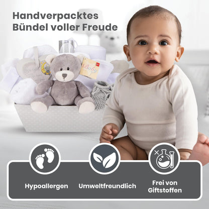 Baby Box Shop 14 Baby Gifts for Birth Boy, Ideal for Baby Showers, Baby Shower Gifts, with New Baby Essentials for Newborn Boys and a Blue Plush Teddy Bear