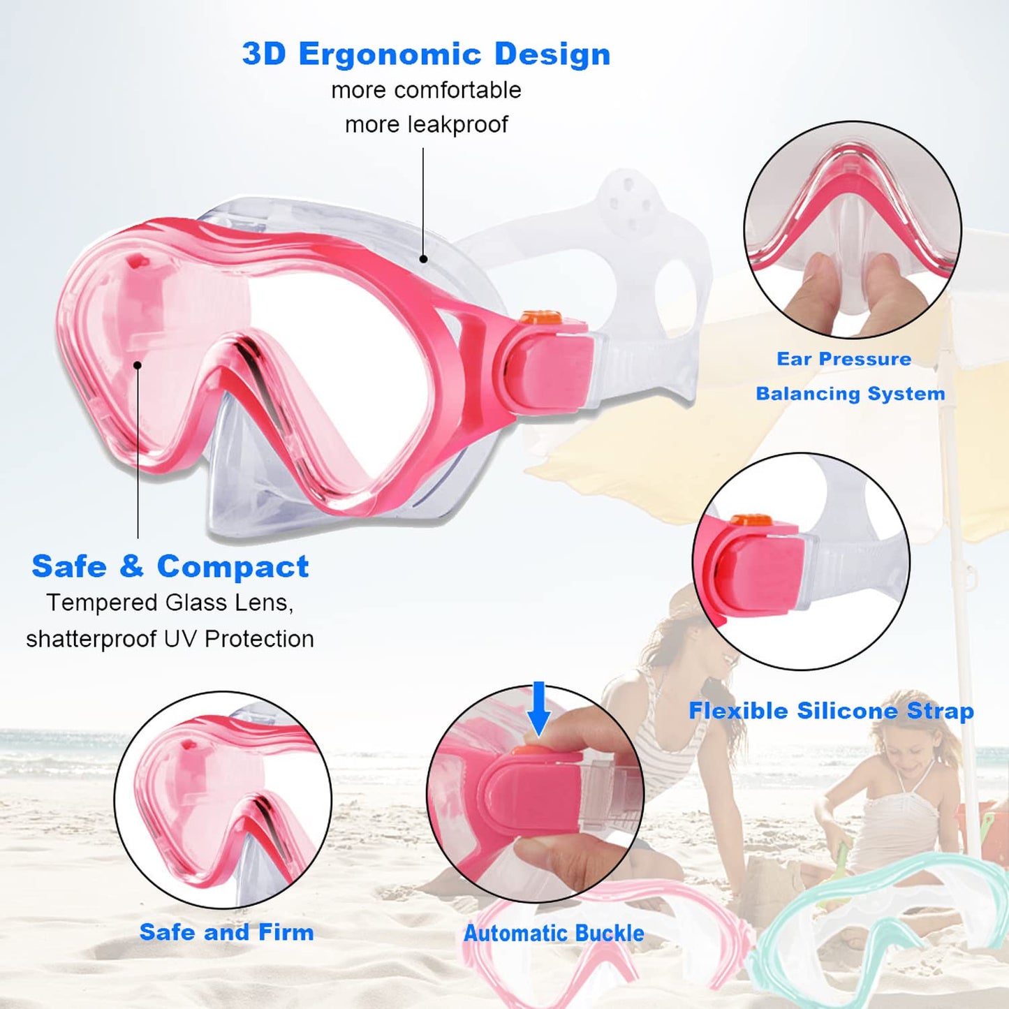 HH HHAO SPORT Children's snorkel set with fins, 180° panorama wide view diving goggles children, adjustable flippers, high-quality diving mask and dry top snorkel