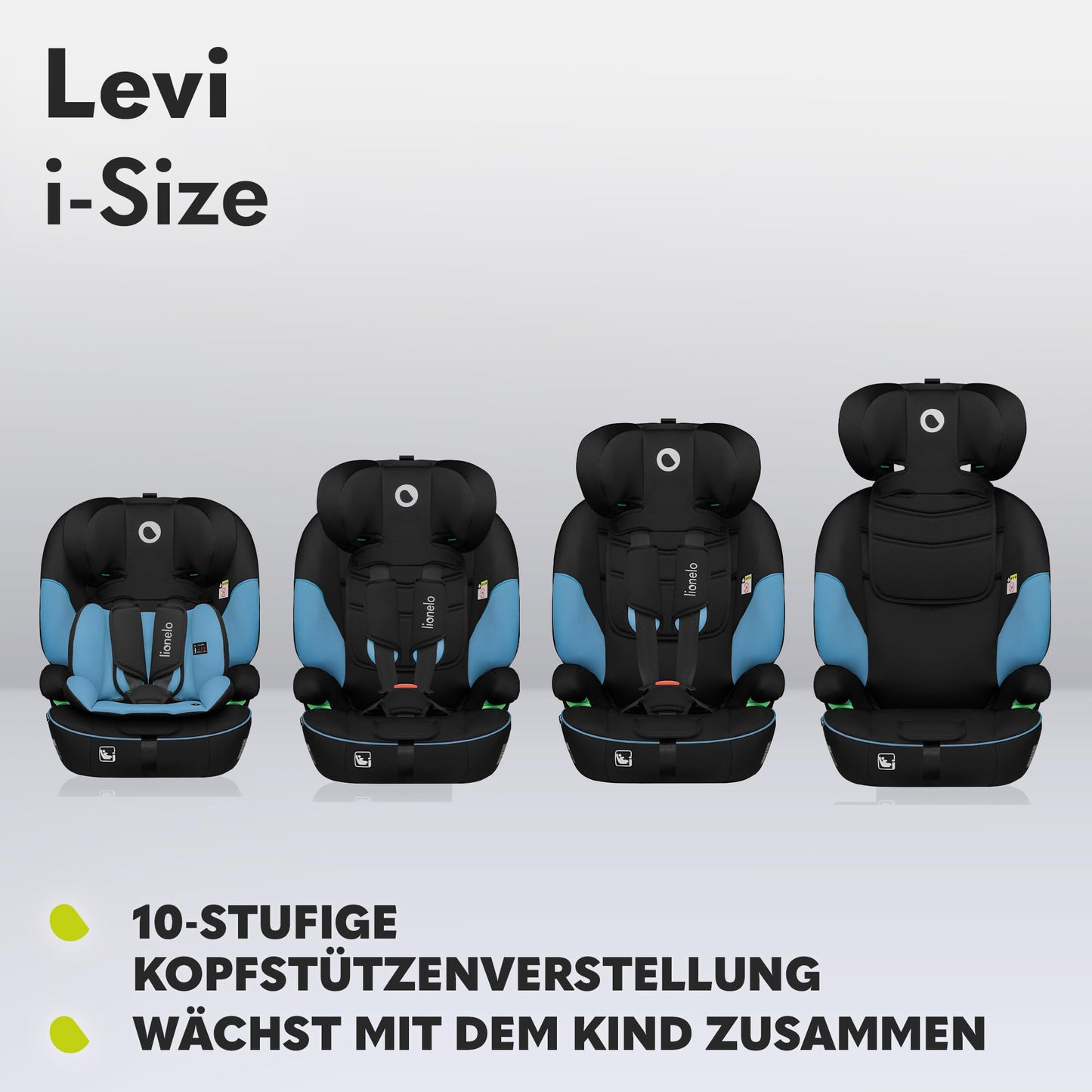 LIONELO LEVI I-SIZE 76-150 cm Kinderautositz, Gruppe 1 2 3, Seitenschutz, 10 Grad Kopfstützenverstellung Bequeme Armlehnen Verstellbare Rückenlehne, R129 i-Size