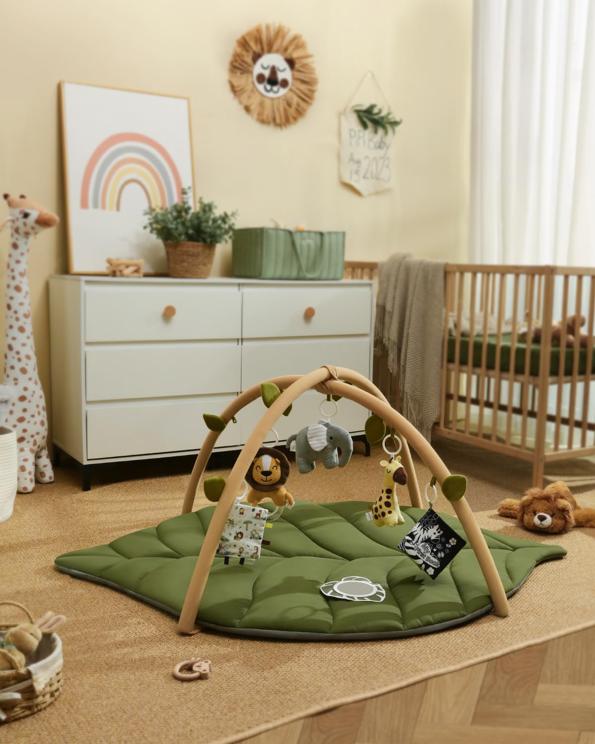 Blissful Diary Spielbogen Baby, Übergroßes Blattförmiges Spieldecke Baby Gym Activity Decke mit 6 Abnehmbare Spielzeuge, krabbeldecke Unverzichtbare Babygeschenke, Waldgrün