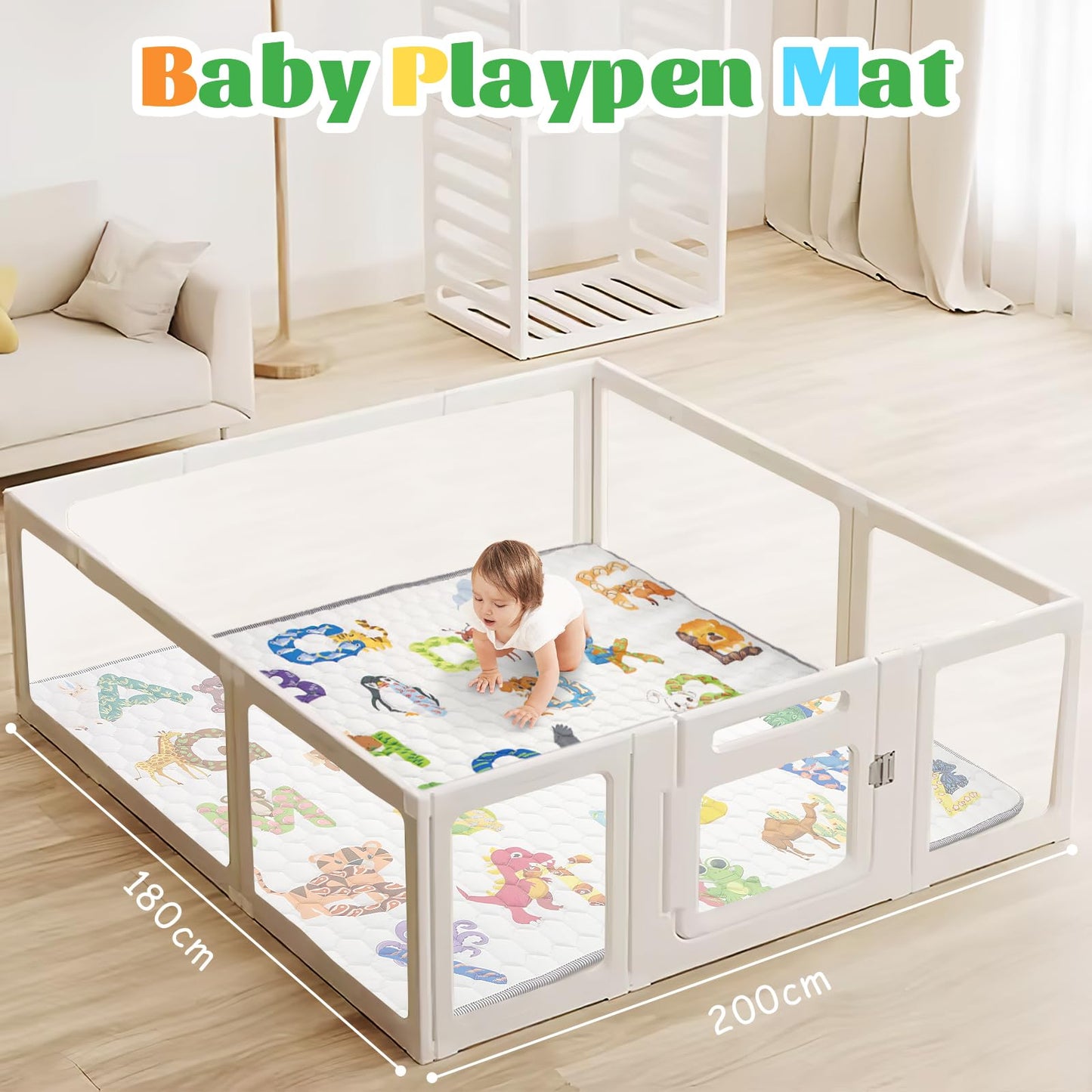 Funsland crawling carpet for babies, non-slip baby play mat, non-toxic 127x127cm, cotton animal crawling mat for babies, foldable with a height ruler, children's play mat for indoors/outdoors/fences 