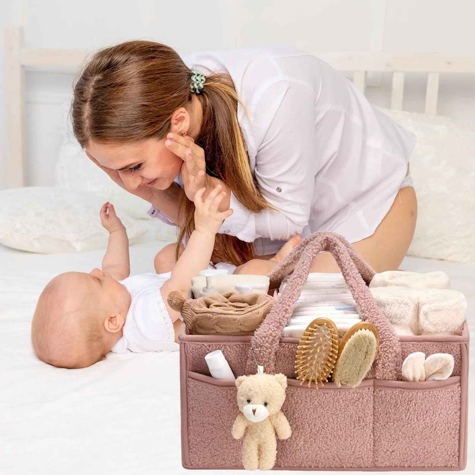 Changing Bag Organiser, Changing Table Organiser, Portable Changing Basket with Removable Compartments, Plush Changing Organiser with Handles, Baby Storage Basket for Changing and Baby Things