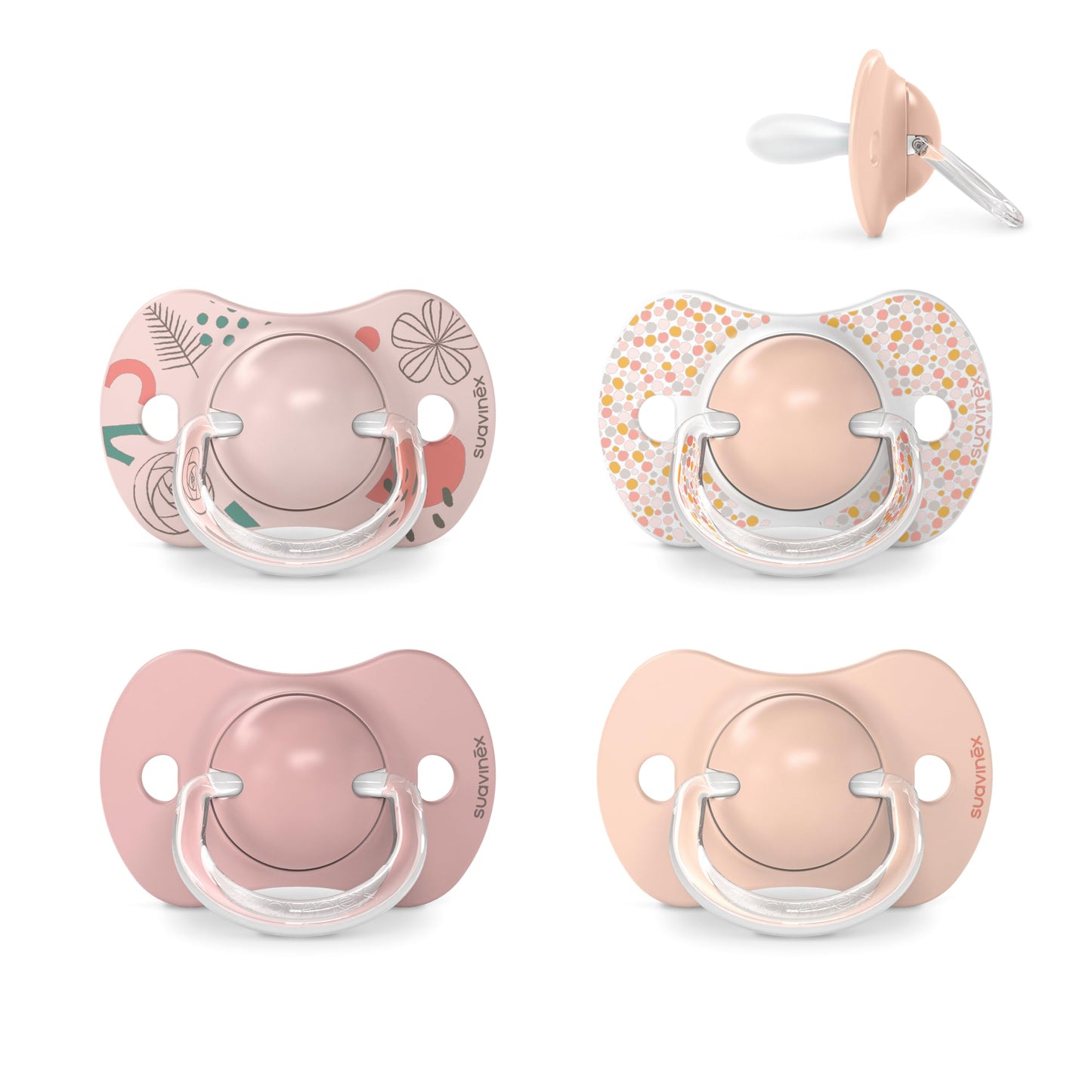Suavinex, Set mit 2 Schnullern für Babys 0-6 Monate, Symmetrisch, Super weich und flexibel, Dreams Pink, 2er-Pack