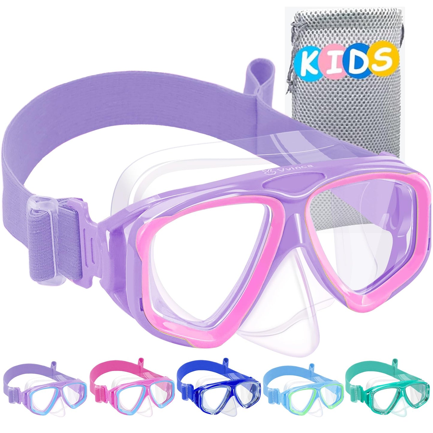Vvinca Swimming Goggles for Kids with Nose Guard and Fabric Strap, Shatterproof, Anti-Fog and Waterproof for Children 3-14 Years