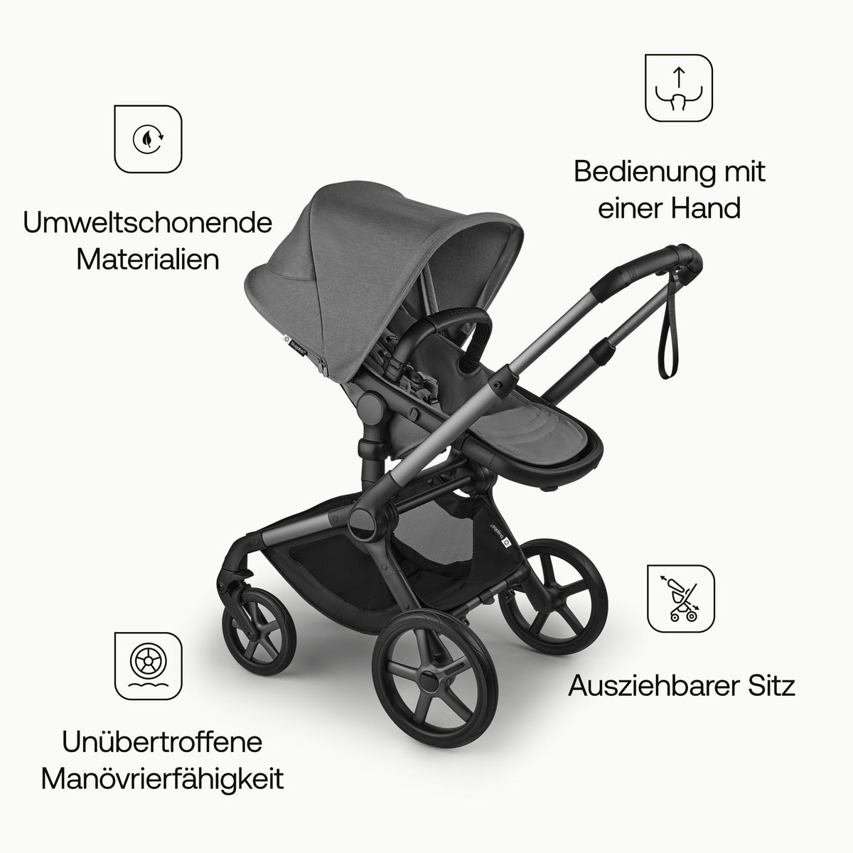 Bugaboo Fox 5 Renew, 2-in-1 Kinderwagen für jedes Gelände, mit Liegewanne | ausziehbarer Kleinkindsitz, praktische Ein-Hand Faltung, Fahrgestell in Schwarz und Sonnendach in Forest Green ab Lager