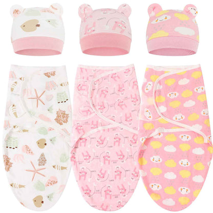 DRESHOW Neugeborene Swaddle Decke Hut Set Baby Gedruckt Swaddles Säugling Einstellbar Schlafsack für 0-3 Monate Mädchen Jungen