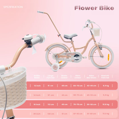 sun baby Mädchenfahrrad Flower Bike Radgröße zur Auswahl, mit Abnehmbarer Schubstange, Kinderfahrrad für Mädchen von 2 bis 6 Jahre