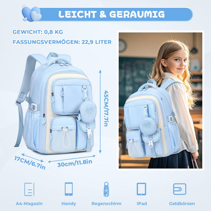 Schulrucksack Teenager Mädchen 22,9L mit Abnehmbarem Münzbeutel | Reflektierende Sicherheitsstreifen,S-förmige Wirbelsäulenstütze,Wasserfestes Gewebe,Wabenbelüfteter Rücken