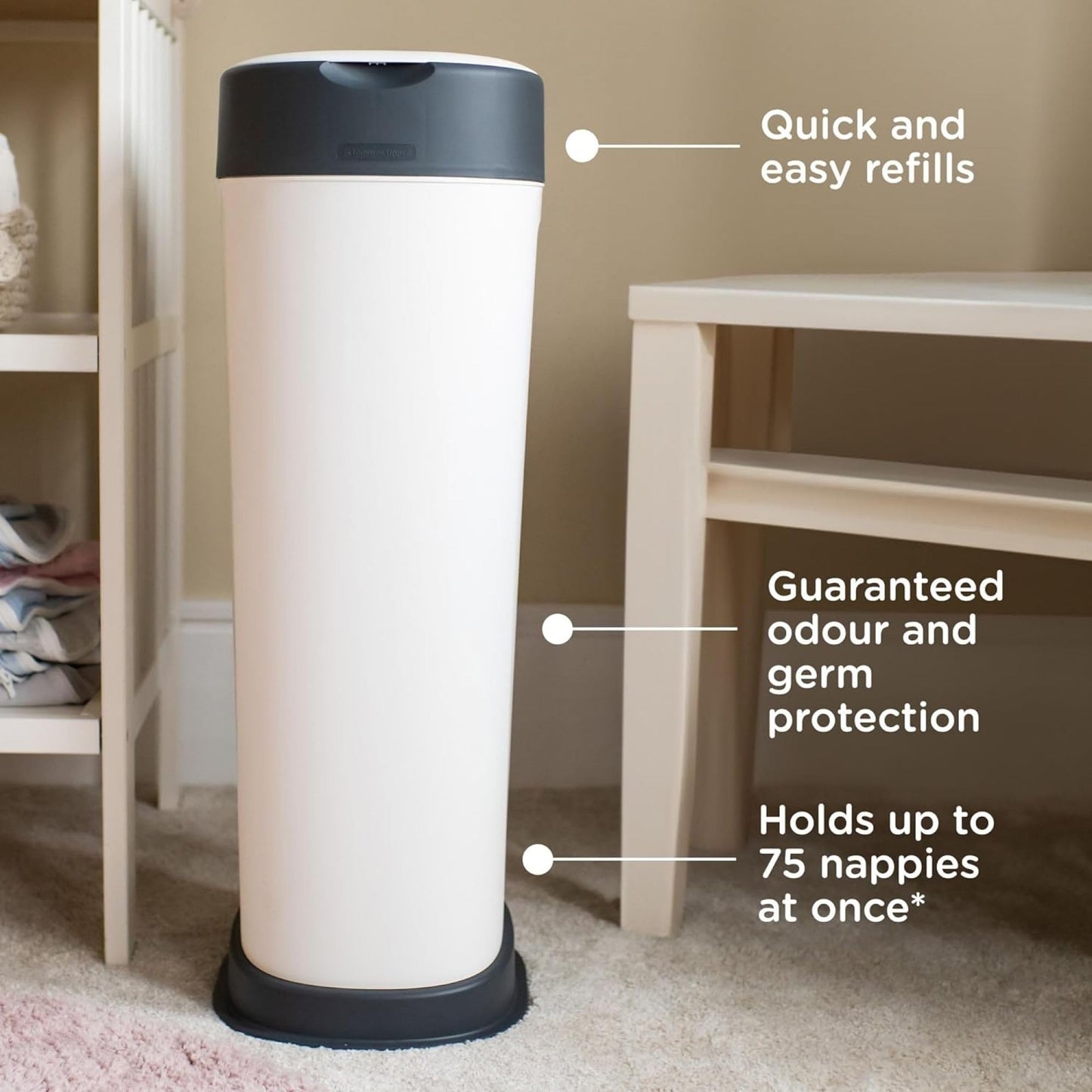 Tommee Tippee Twist & Click Nappy Bin XL, Holds up to 60 Nappies, 76 cm High, Environmentally Friendly System with 1 Refill Cassette with Sustainably Covered Antibacterial Greenfilm