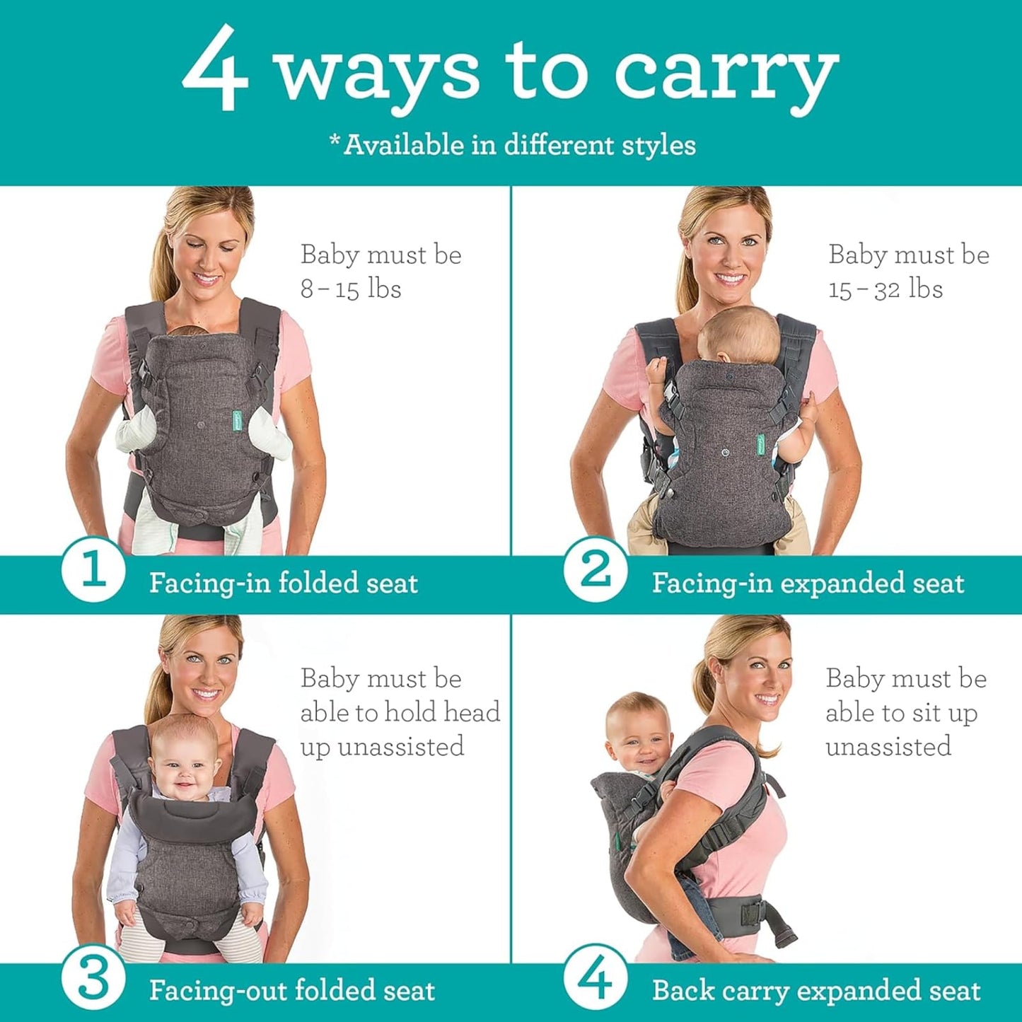 Infantino Flip Advanced 4-in-1 Babytrage, Ergonomisch, Umwandelbar, mit Blickrichtung Nach Innen und Außen, Vorne und Hinten Tragbar für Neugeborene bis Kleinkinder von 3,6-14,5 kg, Grau