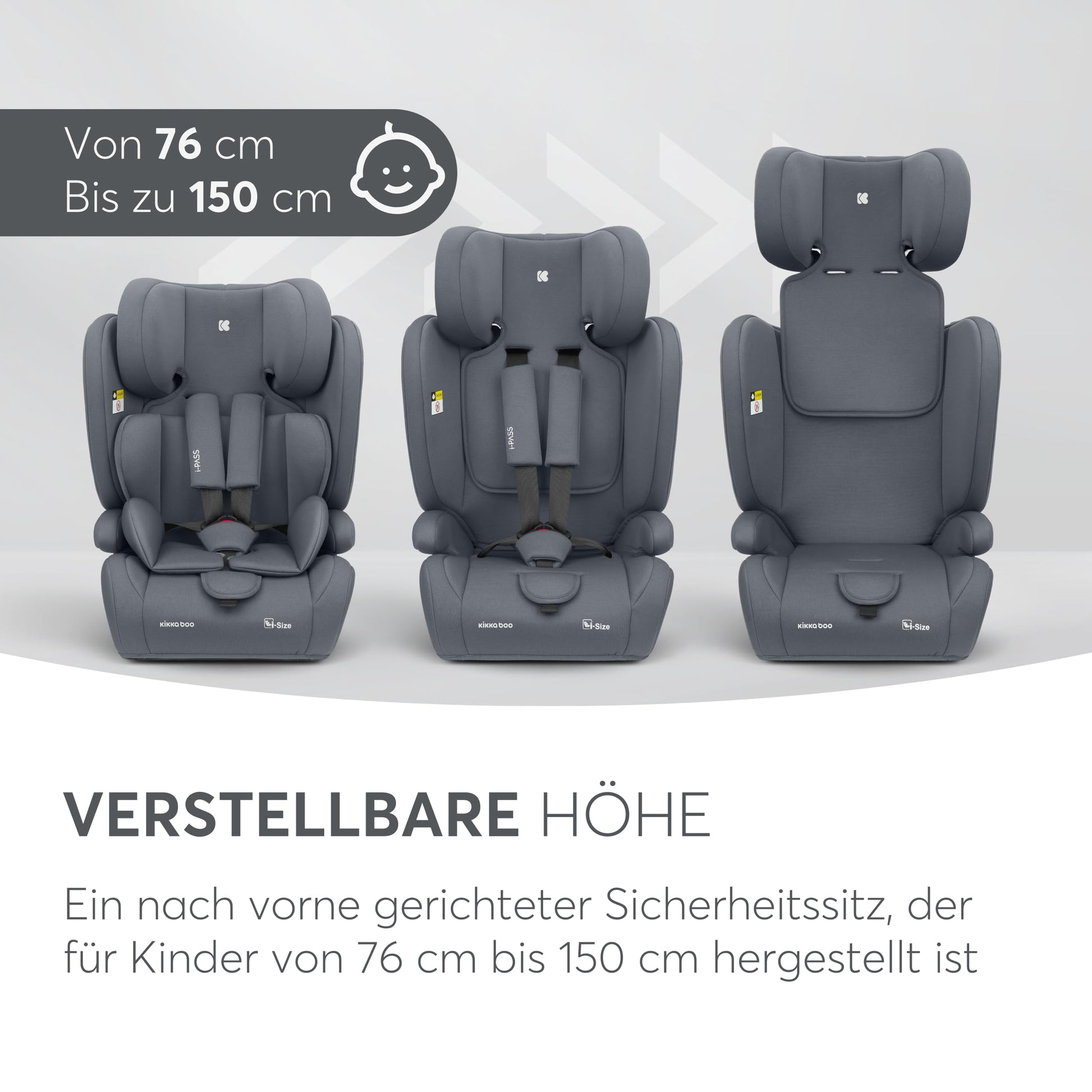 KikkaBoo i-Pass, Kindersitz 9–36 kg, Gruppe 1/2/3 Auto Kindersitz für Kinder 76–150 cm (15 Monate – 12 Jahre), i-Size, 13-fach verstellbare Kopfstütze, Schwarz - Meloni2