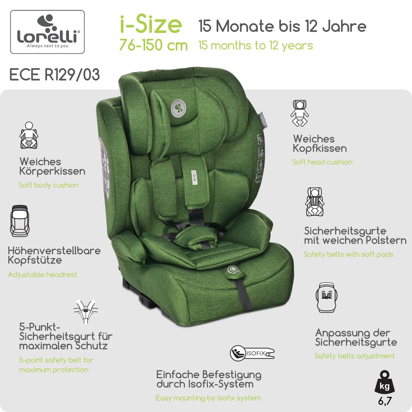 Lorelli Auto Kindersitz Rio mit Isofix, i-Size 76-150 cm, Mitwachsender Autositz für Kinder, Babysitz, Autokindersitz, Verstellbare Kopfstütze, 5-Punkt-Sicherheitsgurt, Ginger - Meloni2