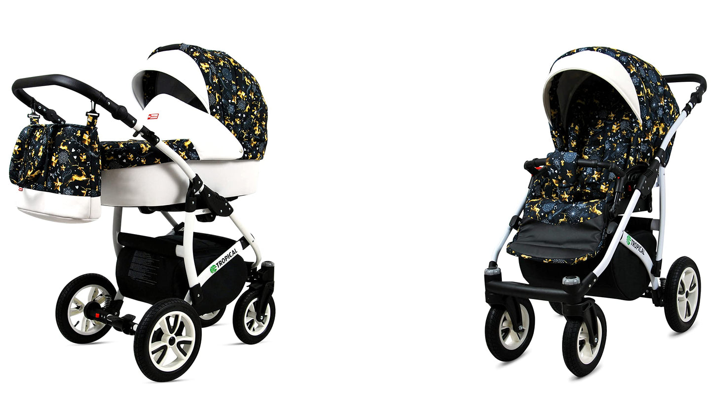 BabyLux® Bambimo Pushchair Set 3 in 1 - Tropical - incl. Baby Carrycot, Buggy Sports Seat, Car Seat - Pram Set - Combination Pram with Changing Bag, Rain Cover etc.