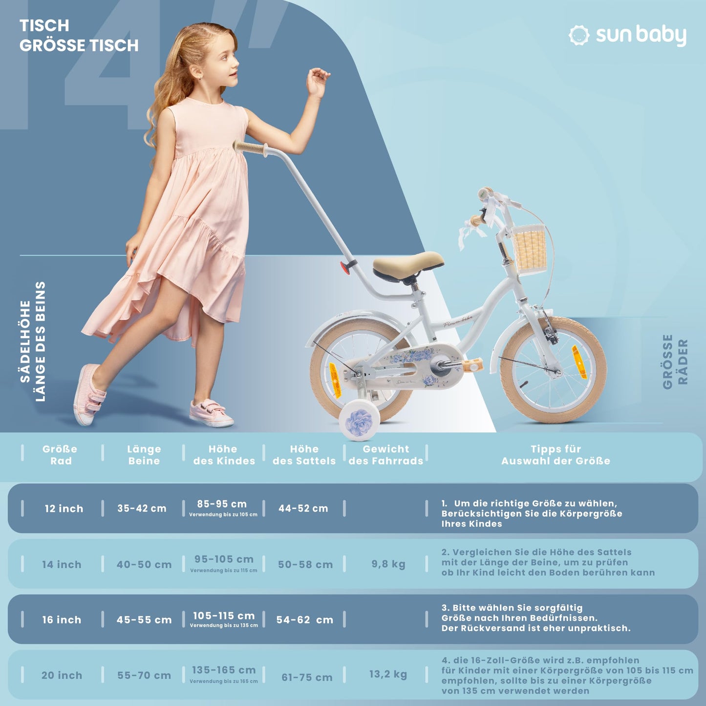 sun baby Mädchenfahrrad Flower Bike Radgröße zur Auswahl, mit Abnehmbarer Schubstange, Kinderfahrrad für Mädchen von 2 bis 6 Jahre
