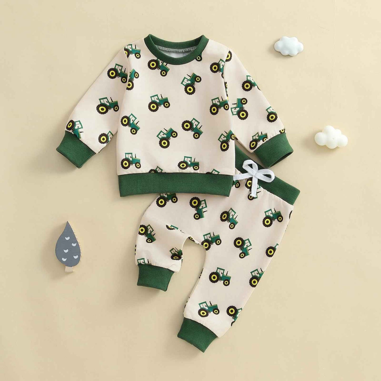 Xeadoffubio Baby Boys' Spring Outfit, Tractor/Car Print Tracksuits, Long Sleeve Car Print Sweatshirts + Elastic Drawstring Trousers, 2-Piece Sports Clothing Set, Soft Tractor Outfits